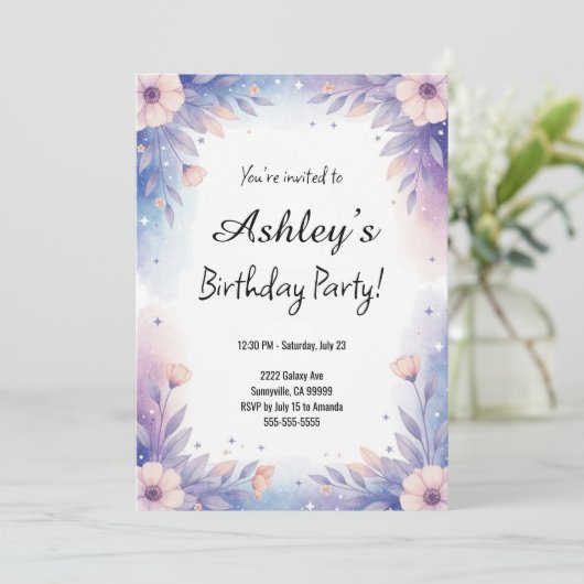  blauw en Paarse meisje's bloem verjaardagsfeestje Kaart (Staand voorkant)