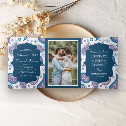 Blauw en Paarse Paisley Indiase stijl bruiloft fot Drieluik Uitnodiging
