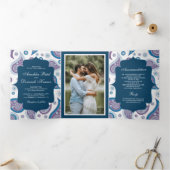 Blauw en Paarse Paisley Indiase stijl bruiloft fot Drieluik Uitnodiging (Binnen)