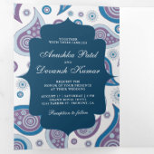 Blauw en Paarse Paisley Indiase stijl bruiloft fot Drieluik Uitnodiging (Binnenzijde eerst)