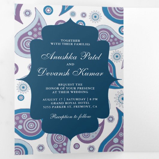 Blauw en Paarse Paisley Indiase stijl bruiloft fot Drieluik Uitnodiging (Binnenzijde eerst)