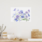 Blauw en paarse Pansy waterverf en inkt Poster (Keuken)