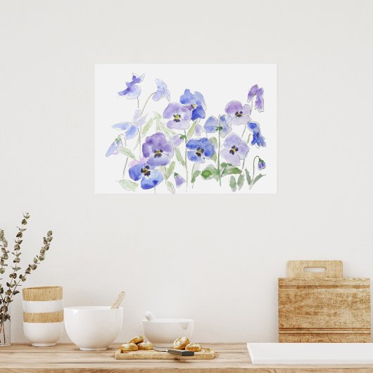 Blauw en paarse Pansy waterverf en inkt Poster (Keuken)