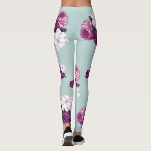  Blauw en Paarse Roos Patroon Leggings (Achterkant)