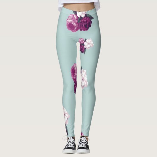 Blauw en Paarse Roos Patroon Leggings (Voorkant)