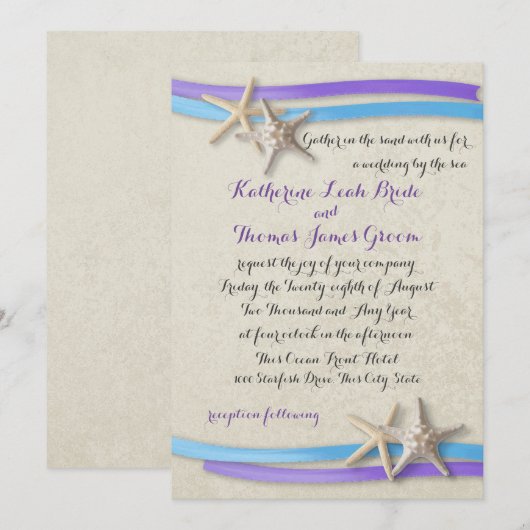 Blauw en Paarse strand bruiloft zeesterren en lint Kaart (Voorkant / Achterkant)