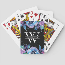 Blauw en Paarse Waterverf Bloemen Monogram Naam Pokerkaarten