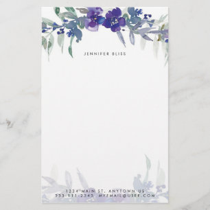 Blauw en paarse waterverf bloemstuk gepersonalisee briefpapier