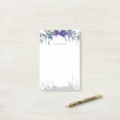 Blauw en paarse waterverf bloemstuk gepersonalisee post-it® notes (Op bureau)