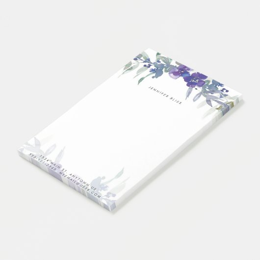 Blauw en paarse waterverf bloemstuk gepersonalisee post-it® notes (Schuin)
