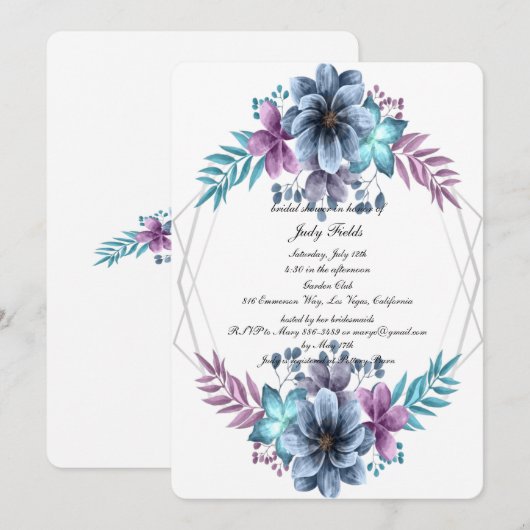 Blauw en Paarse Waterverf Floral Vrijgezellenfeest Kaart (Voorkant / Achterkant)