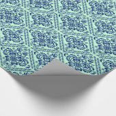 Blauw en pastel groene "Floral Damaskers" Cadeaupapier (Hoek)