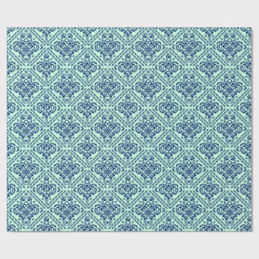Blauw en pastel groene "Floral Damaskers" Cadeaupapier (Vlak)