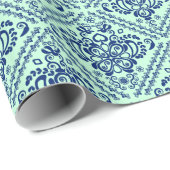 Blauw en pastel groene "Floral Damaskers" Cadeaupapier (Rol Hoek)