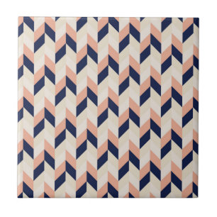 Blauw en peach Herringbone Tegeltje