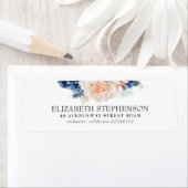 Blauw en Peach Waterverf Flowers Elegant Etiket (Insitu)