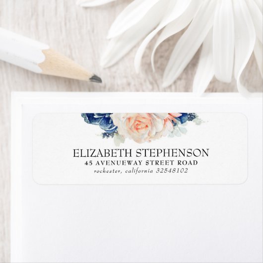 Blauw en Peach Waterverf Flowers Elegant Etiket (Insitu)