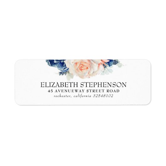 Blauw en Peach Waterverf Flowers Elegant Etiket (Voorkant)