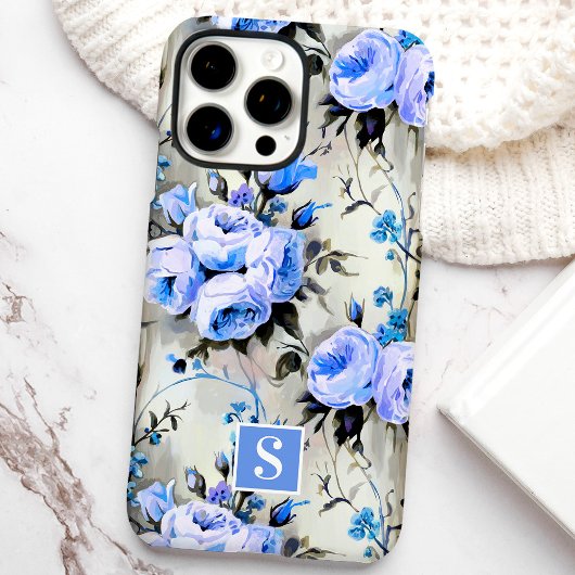 Blauw en Periwinkle Monogram Bloemen Case-Mate iPhone Case