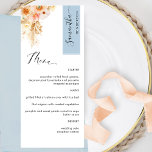 Blauw en Perzige Blush Aangepast met gastnaam Menu<br><div class="desc">Waarom besteed op zijn plaats kaarten en menukaarten wanneer u een elegant All-in-one elegant Menu kunt hebben dat met elke gastnaam wordt gepersonaliseerd! Een modern, eenvoudig en elegant ontwerp met uitstekende waterverf florale details in een prachtig mengsel van perzikkleurige, oranje, zwarte, stoffige koraal, crème en champagnekleurige tinten. Moderne handgeschreven kalligrafie-elementen....</div>