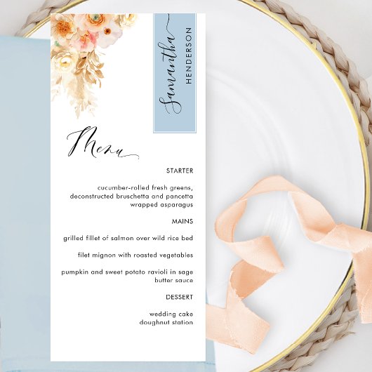 Blauw en Perzige Blush Aangepast met gastnaam Menu