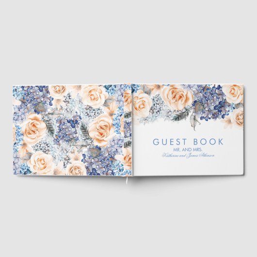 Blauw en perzik bloemen elegante bruiloft gastenboek (Volledig)
