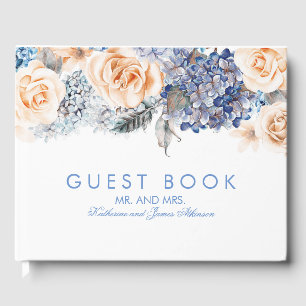 Blauw en perzik bloemen elegante bruiloft gastenboek