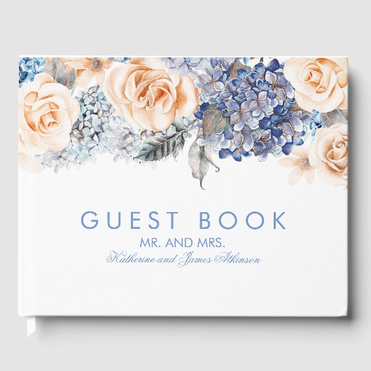 Blauw en perzik bloemen elegante bruiloft gastenboek (Voorkant)