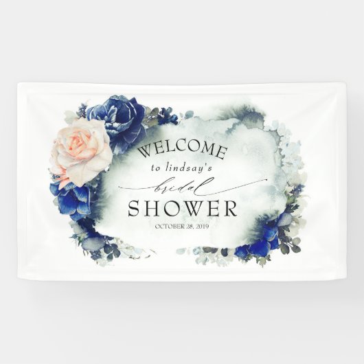 Blauw en perzik bloemige bruidsdouche spandoek (Horizontaal)