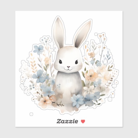 Blauw en Perzik Konijn Wildbloemen Sticker (Vel)