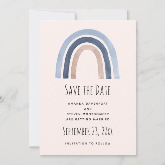 Blauw en Perzik Regenboog Boho Design Save The Date (Voorkant)