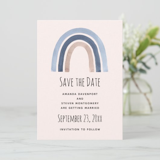 Blauw en Perzik Regenboog Boho Design Save The Date (Staand voorkant)