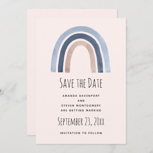 Blauw en Perzik Regenboog Boho Design Save The Date (Voorkant / Achterkant)