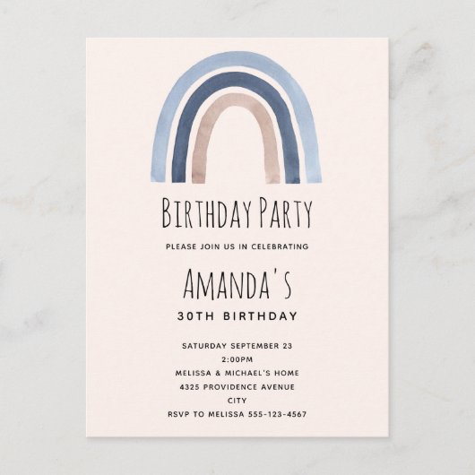 Blauw en Perzik Regenboog Boho Design Verjaardag Uitnodiging Briefkaart (Voorkant)