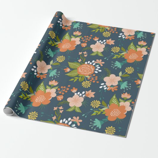 Blauw en Perzik Tuin Bloemen Design Cadeaupapier (Uitgerold)
