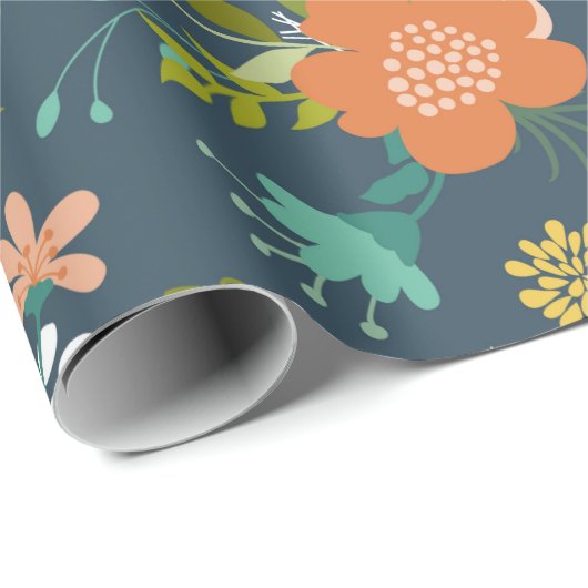 Blauw en Perzik Tuin Bloemen Design Cadeaupapier (Rol Hoek)
