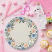 Blauw en Perzik Waterverf Bloem Papieren Bordje (Feest)