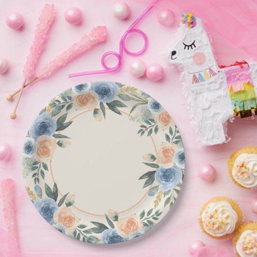 Blauw en Perzik Waterverf Bloem Papieren Bordje (Feest)