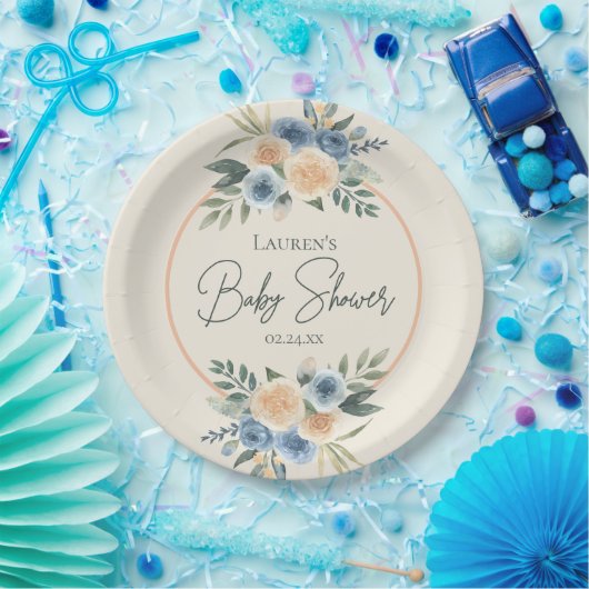 Blauw en Perzik Waterverf Bloemen Baby shower Papieren Bordje (Feest)