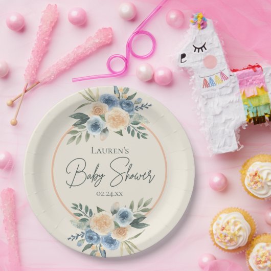 Blauw en Perzik Waterverf Bloemen Baby shower Papieren Bordje (Feest)
