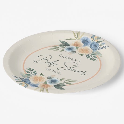 Blauw en Perzik Waterverf Bloemen Baby shower Papieren Bordje (Gekanteld)