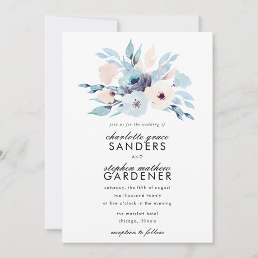 Blauw en perzik Waterverf bloemen bruiloft Kaart (Voorkant)