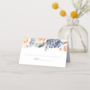 Blauw en perzik Waterverf Bloemen bruiloft Plaatskaartje