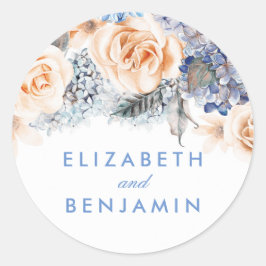 Blauw en perzikkleurige bloemen Elegante bruiloft Ronde Sticker