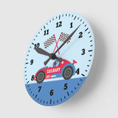 Blauw- en rode racebus met blauw-wand-decor ronde klok (Hoek)