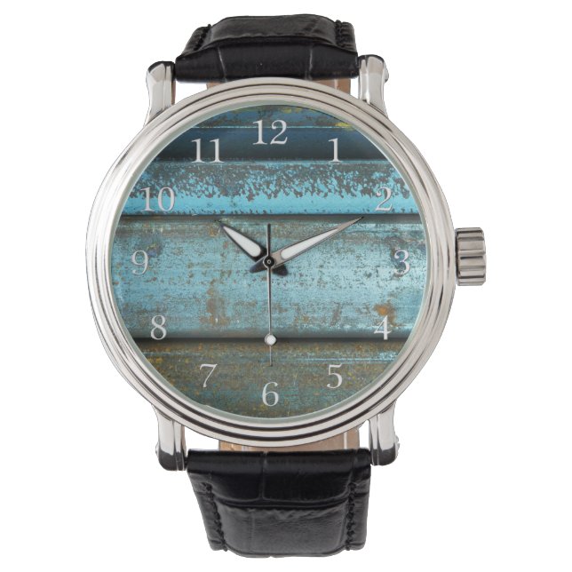 Blauw en roestruw geweerd rusted metal horloge (Voorkant)