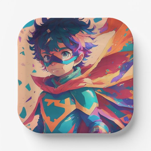 Blauw en Rood Anime Superheld Jongen Papieren Bordje (Voorkant)