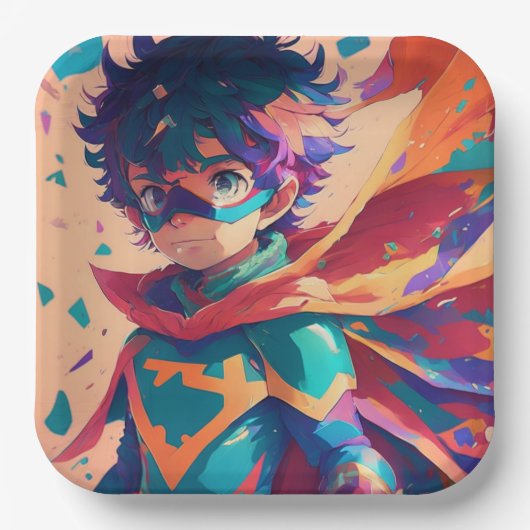 Blauw en Rood Anime Superheld Jongen Papieren Bordje (Voorkant)
