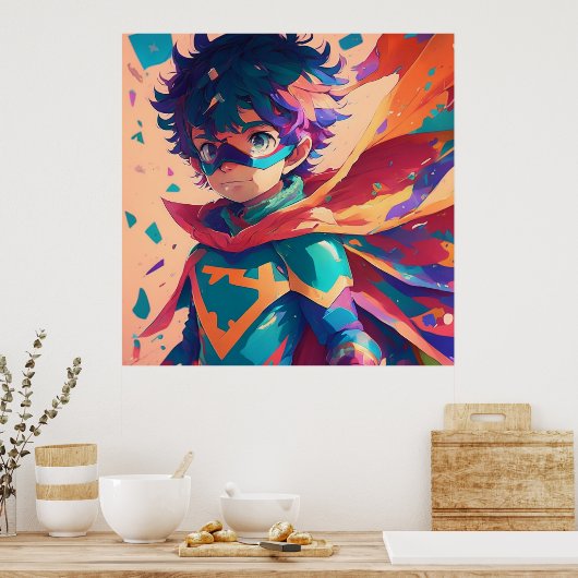 Blauw en Rood Anime Superheld Jongen Poster (Keuken)