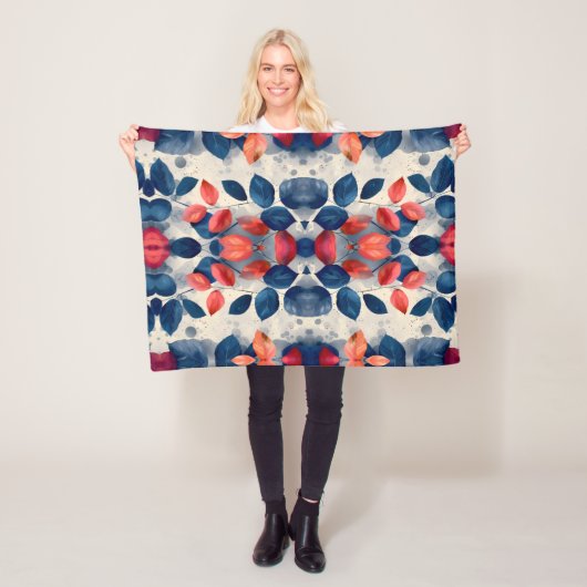 Blauw en rood blaadjes werpdekbed fleece deken (In situ)